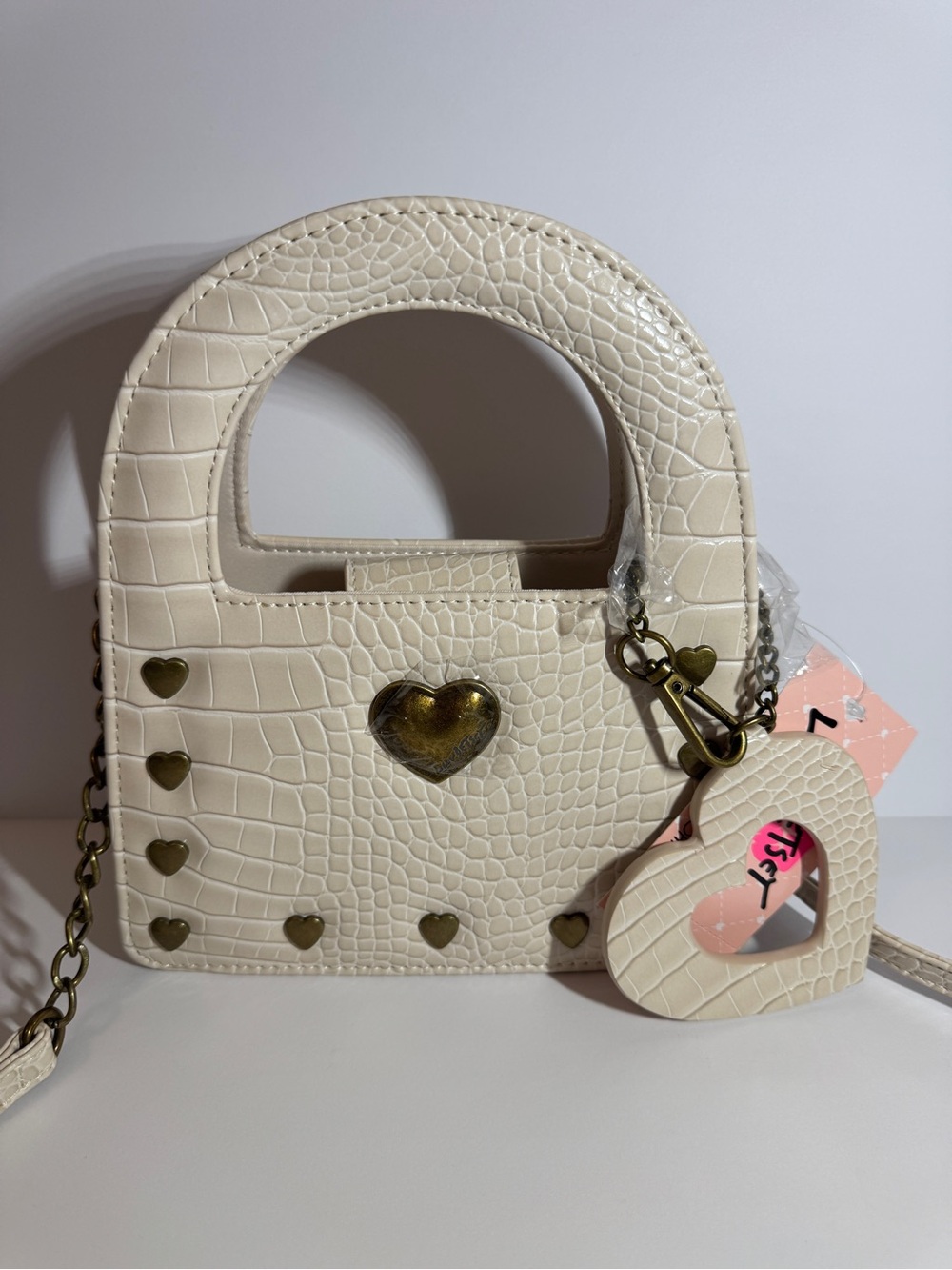 Betsy Johnson Cream Heart-Accent Croc-Embossed Mini Handbag
